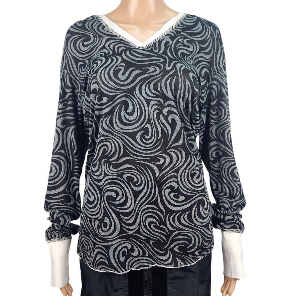 Erge shirt womens large black hooded geometric long sleeve sheer lightweight